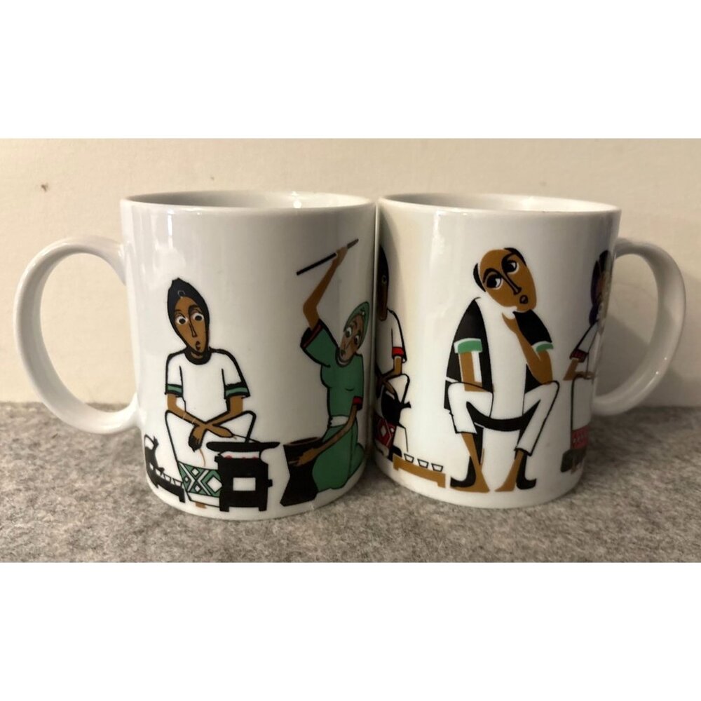 2 African Music Ethiopian Reflection Coffee Mugs with Flute Musicians  #2783